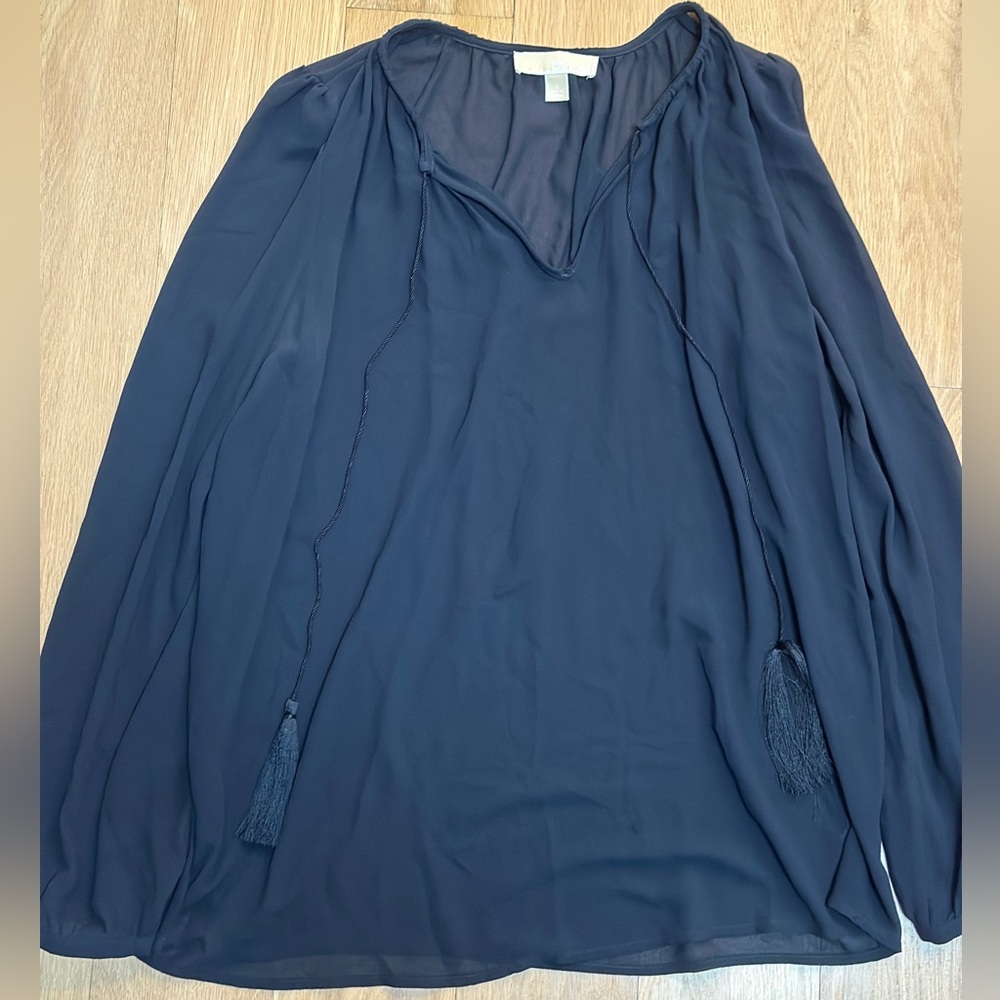 Michael Kors Navy Blue Sheer Women's Long Sleeve Blouse Size Large.